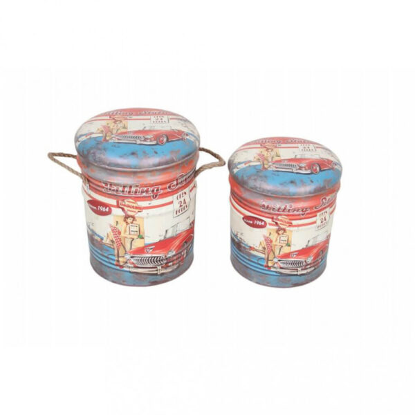 SET DI 2 POUF CONTENITORE TONDO AZZURRO/BIANCO - immagine 2