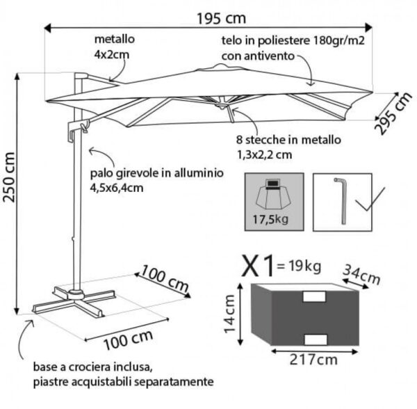OMBRELLONE NEWTON NERO P/L 2 X 3 TELO GRIGIO - immagine 6