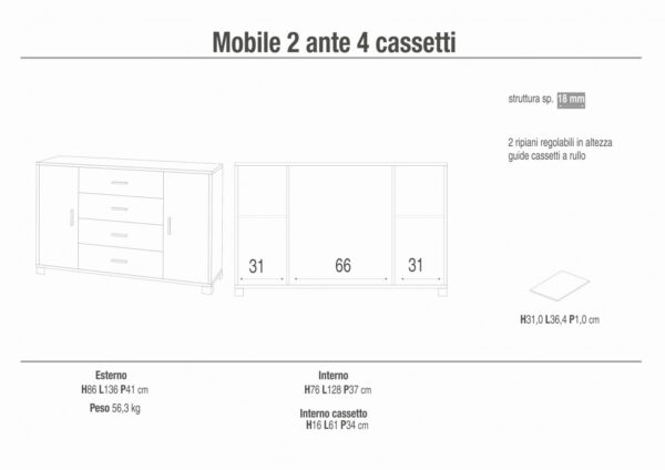 A775TTQB030K MOBILE 2 ANTE 4 CASSETTI - KIT TITANIO E QUERCIA BIANCO