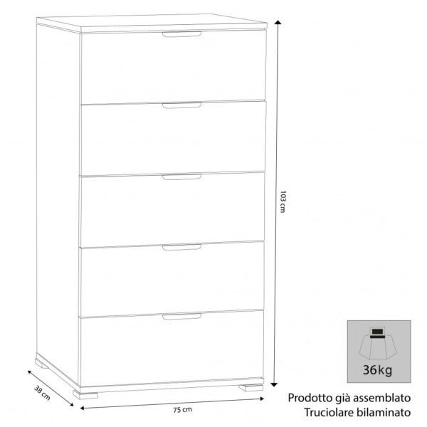 MOBILETTO 5 CASSETTI ROVERE GRIGIO - immagine 2