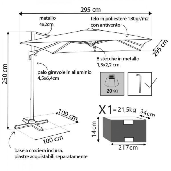 OMBRELLONE NEWTON NERO P/L 3 X 3 TELO GRIGIO - immagine 6