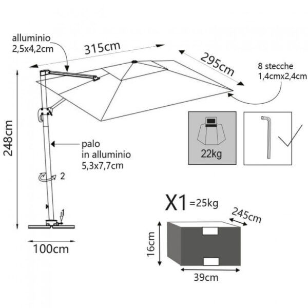 OMBRELLONE CON LED 3 X 3 PITAGORA ANTRACITE TELO GRIGIO - immagine 4