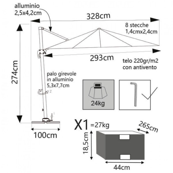 OMBRELLONE SATURNO BIANCO P/L 3 X 4 TELO TORTORA - immagine 4
