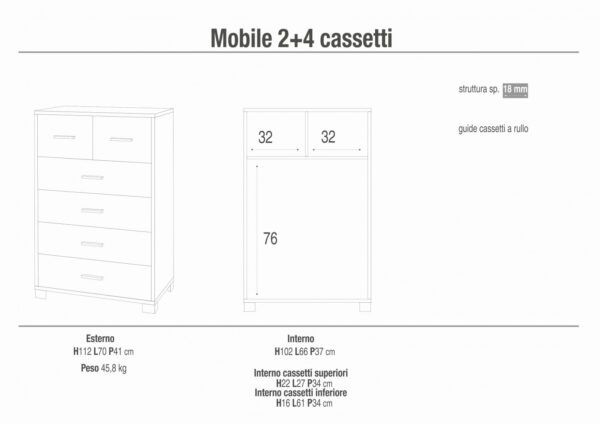 A772NSOSK MOBILE 4+2 CASSETTI - KIT NOCE STELVIO E OSSIDO BIANCO