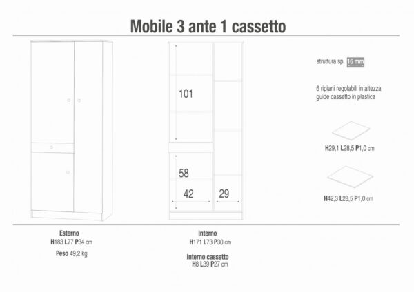 A32300EUK MOBILE 3 ANTE 1 CASSETTO - KIT EUCALIPTO