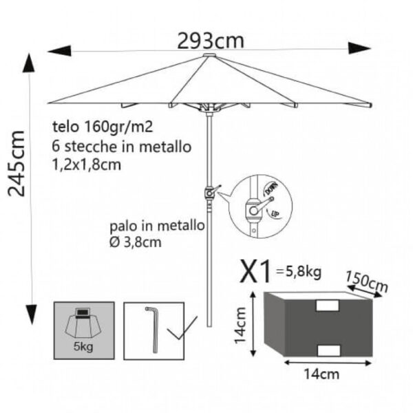 OMBRELLONE POLY ECO Ø 3 TELO GRIGIO - immagine 2