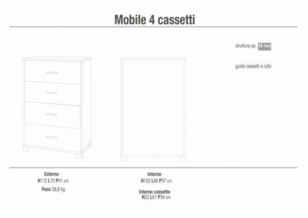 A774TTQB030K MOBILE 4 CASSETTI - KIT TITANIO E QUERCIA BIANCO