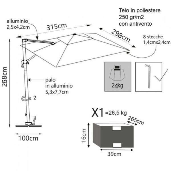 OMBRELLONE CON LED 3 X 4 PITAGORA BIANCO TELO BIANCO - immagine 2