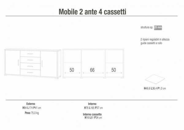 ADB804NSOSK MOBILE 2 ANTE 4 CASSETTI KIT NOCE STELVIO E OSSIDO BIANCO