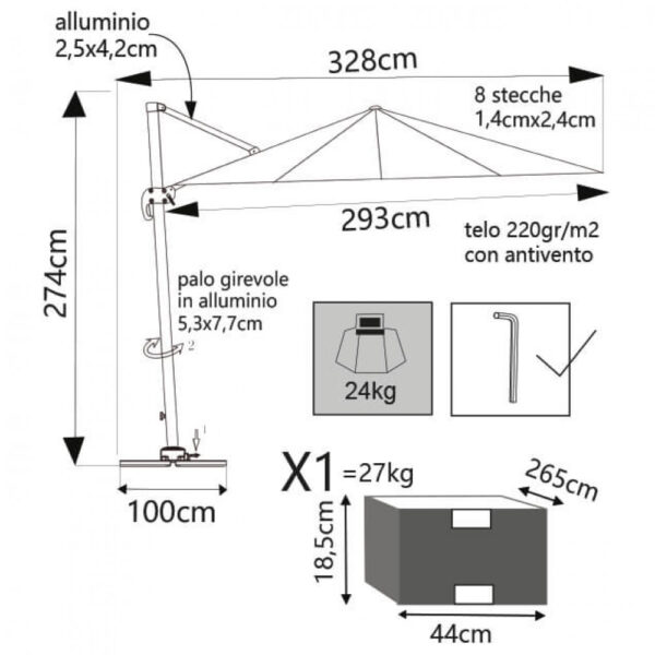 OMBRELLONE SATURNO NERO P/L 3 X 4 TELO ECRU - immagine 2