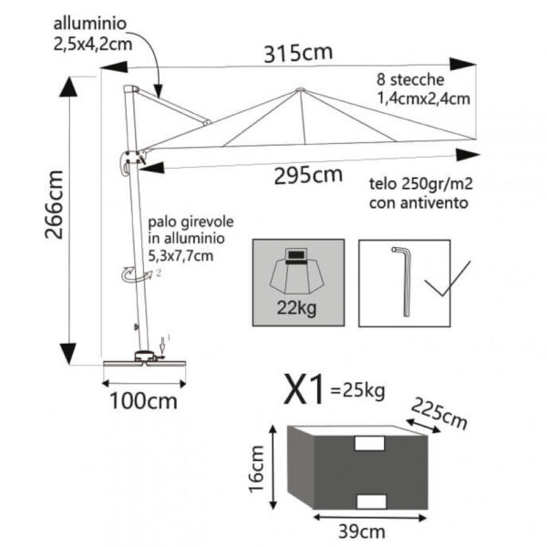 OMBRELLONE SATURNO BIANCO P/L 3 X 3 TELO BIANCO - immagine 3