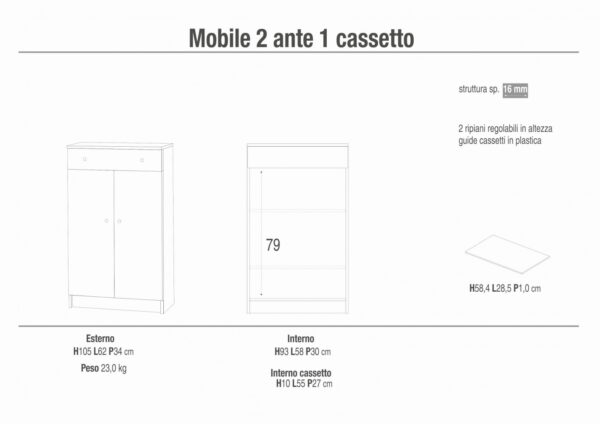 A14100OL008 MOBILE 2 ANTE 1 CASSETTO OLMO CHIARO